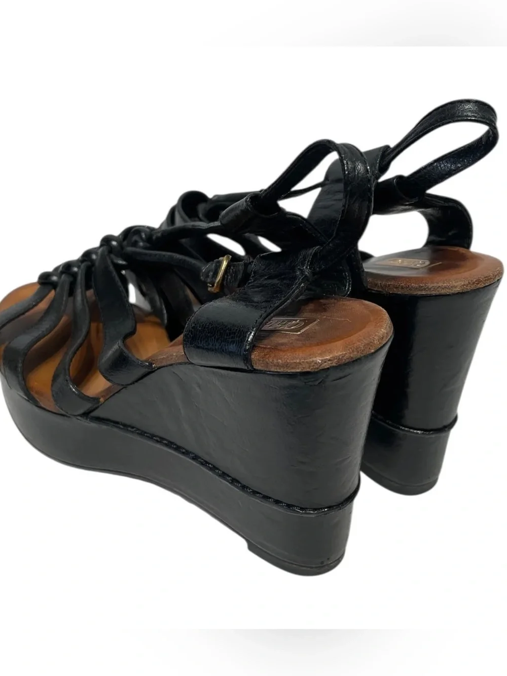 Chloe Black Leather Strappy Platform Wedge Sandals